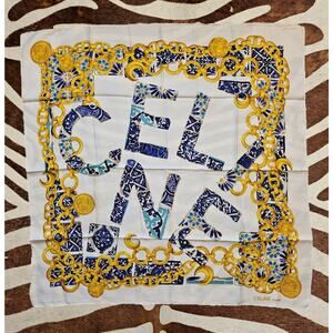 Vintage Celine Paris 100% Silk Scarf Large 34in X 34in Logo Gold Chains